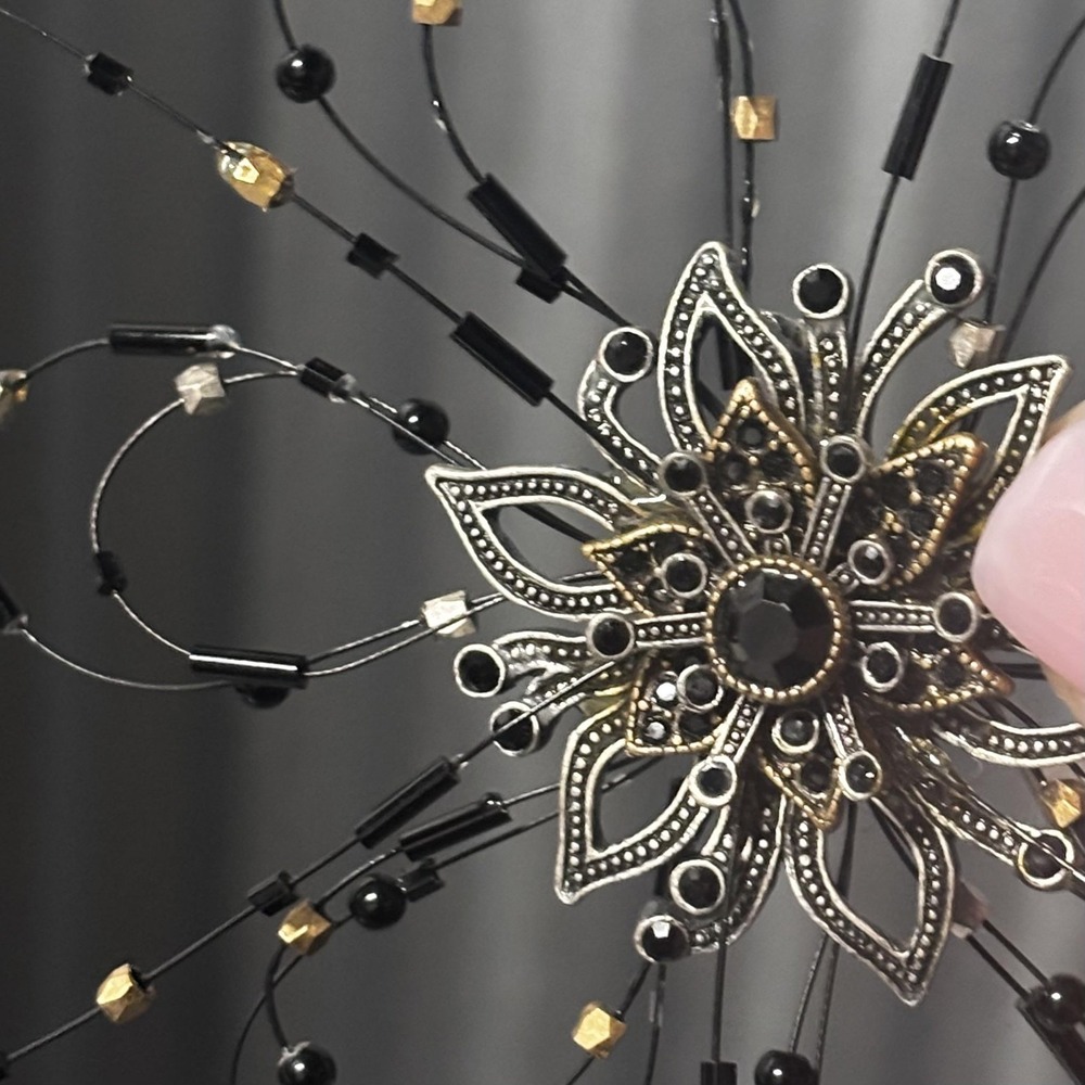Large Statement Flower Starburst Brooch Pin Black Rhinestone Beaded Silver Tone - Picture 2 of 12